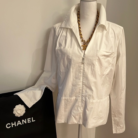 CHANEL WHITE BLOUSE Cotton Shirt Size 44 - Picture 1 of 12